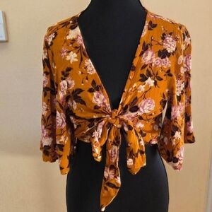 American Eagle Floral Crop Tie-Front Blouse in Mustard & Pink Y2k Size Small